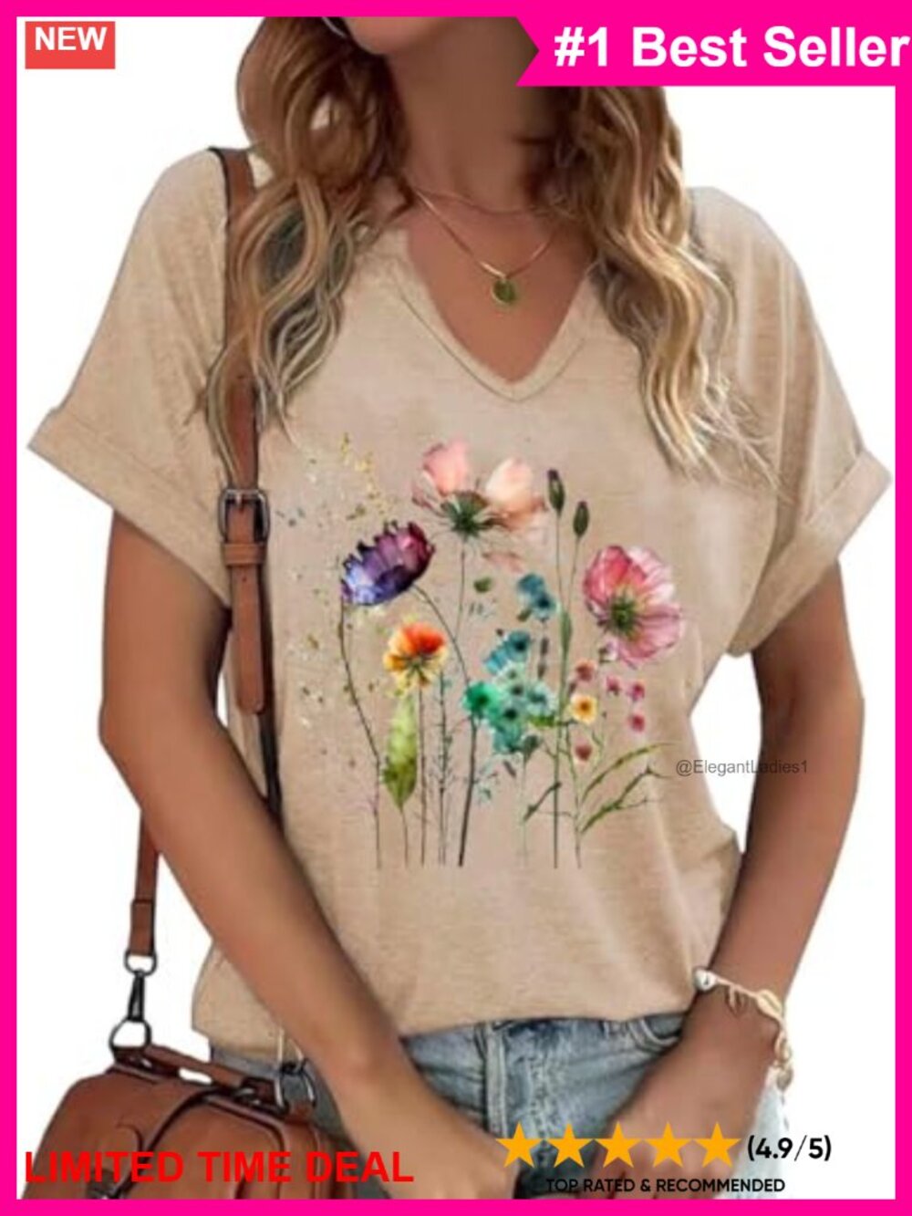 Boho Floral Wildflowers V Neck Cotton Blend T Shirt Casual Summer Tee